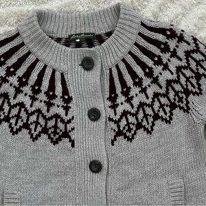 Eddie Bauer Gray and Burgundy Knit Lambswool Blend Fair Isle Cardigan
